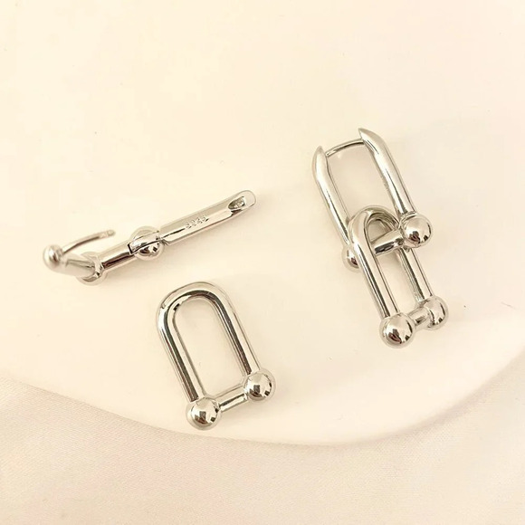 925 Sterling Silver Chunky U Link Earrings Thick Bold Hardware Earrings - Picture 8 of 8